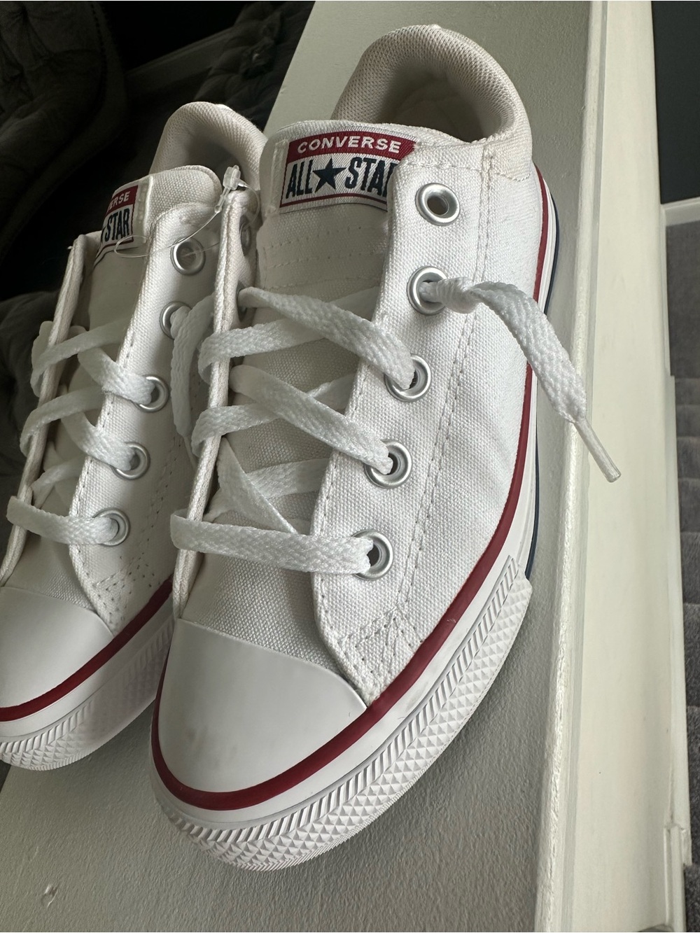 Converse Kids White Low Top Sneakers with Red Trim